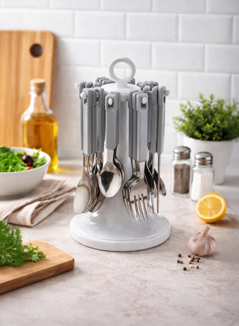 توشيونيكس طقم أدوات مائدة من الفولاذ المقاوم للصدأ مكون من 24 قطعة مع حامل - طقم ملاعق وشوك وسكاكين وملاعق شاي محمول بمقابض من البولي بروبيلين، منظم حامل أدوات المائدة للمنزل، إفطار رمضان، النزهات الخارجية، حفلات العشاء والتجمعات - Image 1